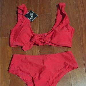 Knotted scoop bikini - red